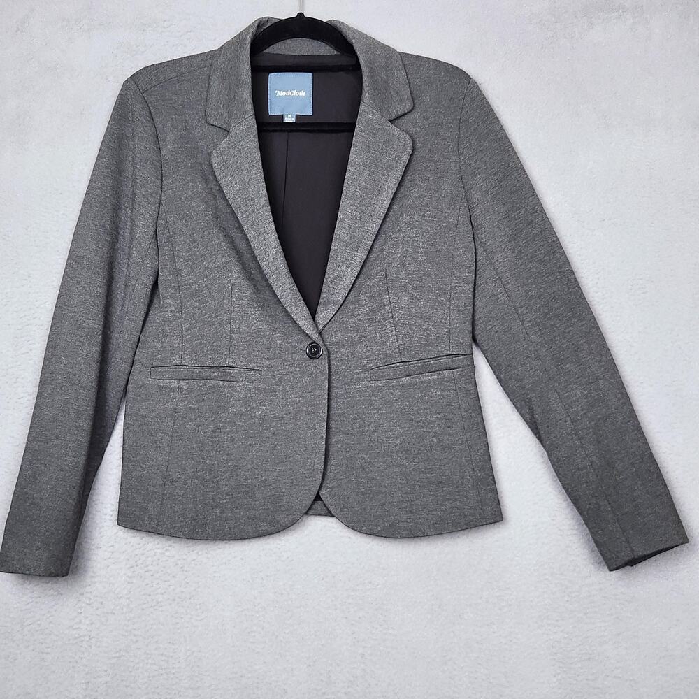 ModCloth Blazer Womens Medium Gray Single Button Stretch Lined Notch Lapel Work